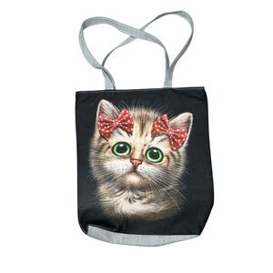 Cute Kitty Cat Canvas Tote Bag Lined Shopping Travel Black Gray READ
